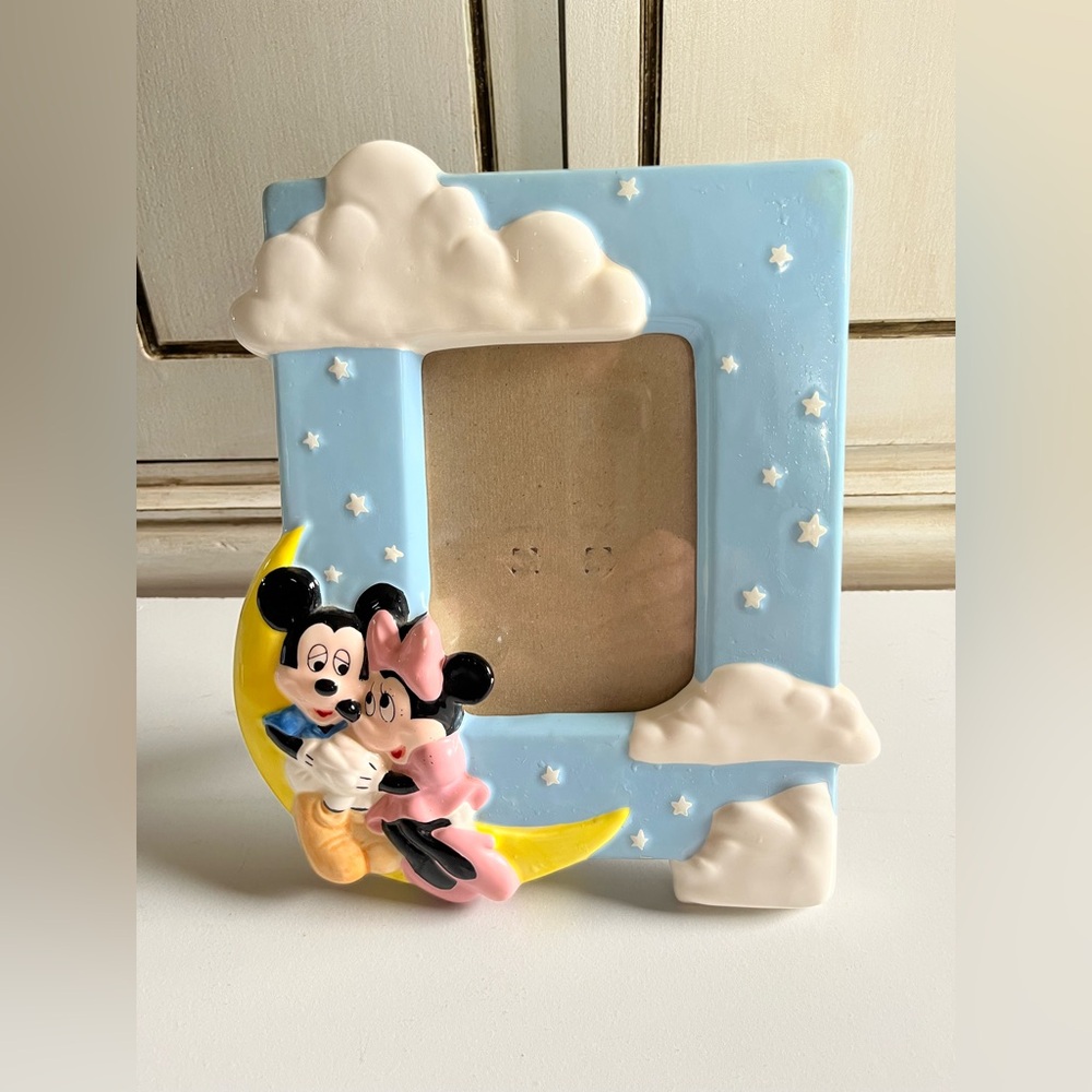 Vintage Mickey Mouse & Minnie Mouse Sitting On The Moon Ceramic Picture Frame
